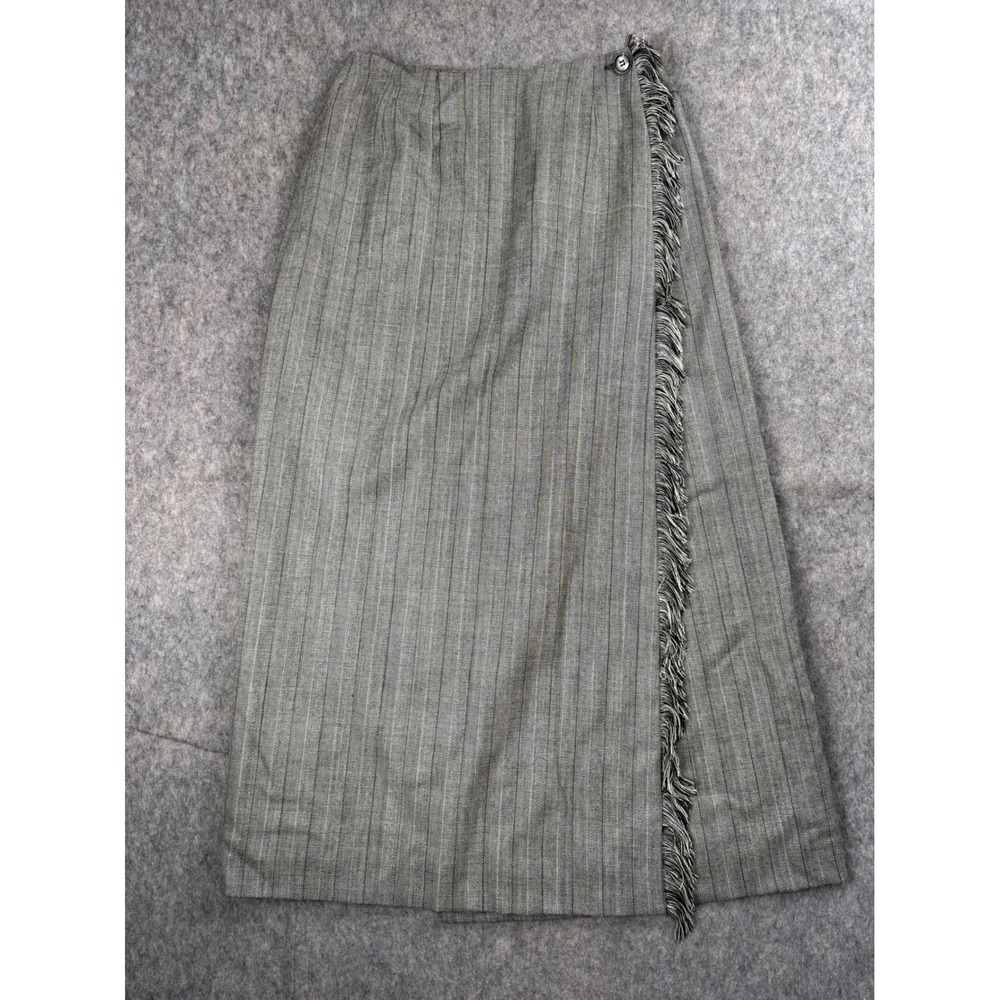 Signature‎ For You Grey Wool Pinstripe Herringbone Fringe Wrap Midi Skirt Size 6